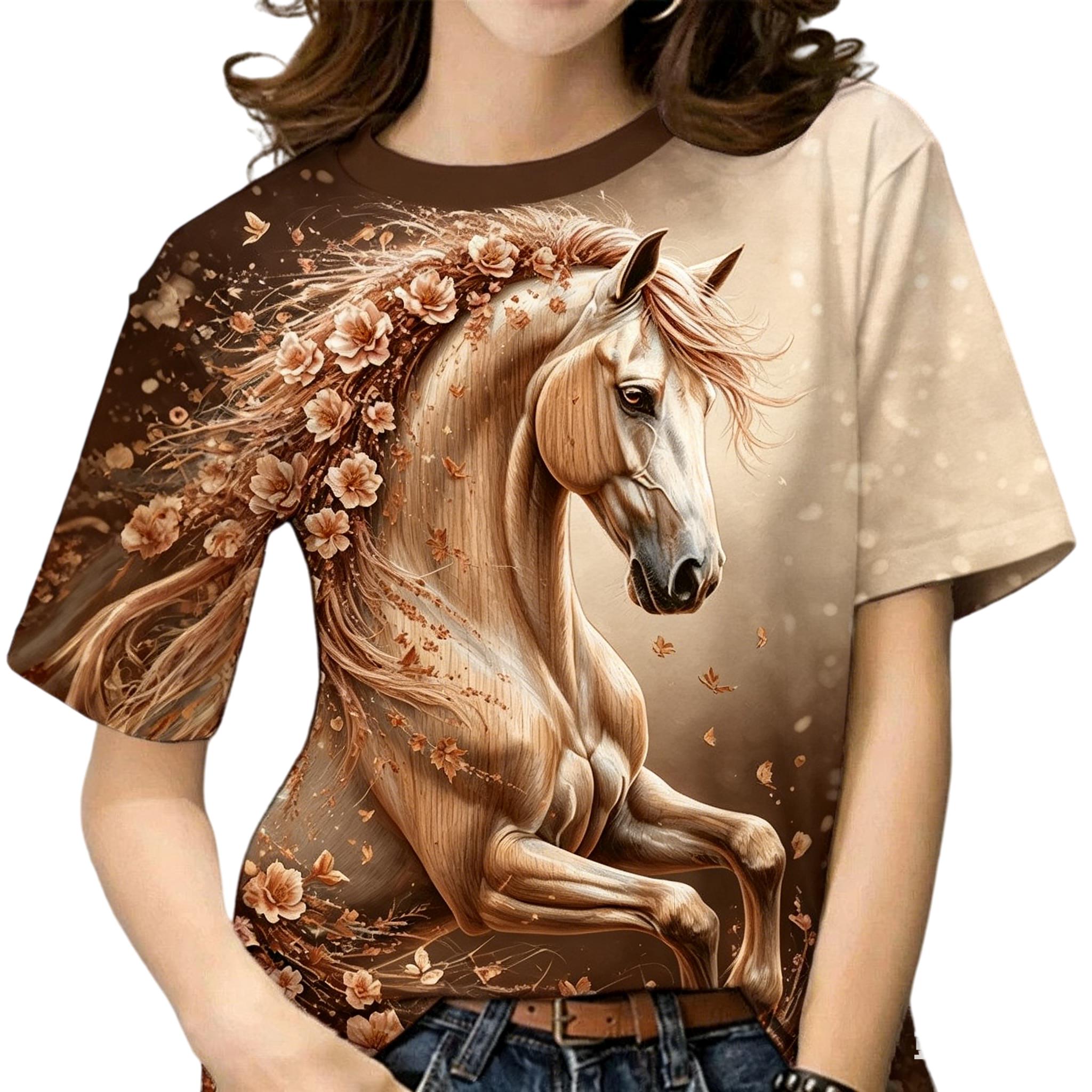 Summer New 3D Horse Floral Print Short-sleeve T-shirt for Women, Loose Slim-fit Round-neck Elegant Top S