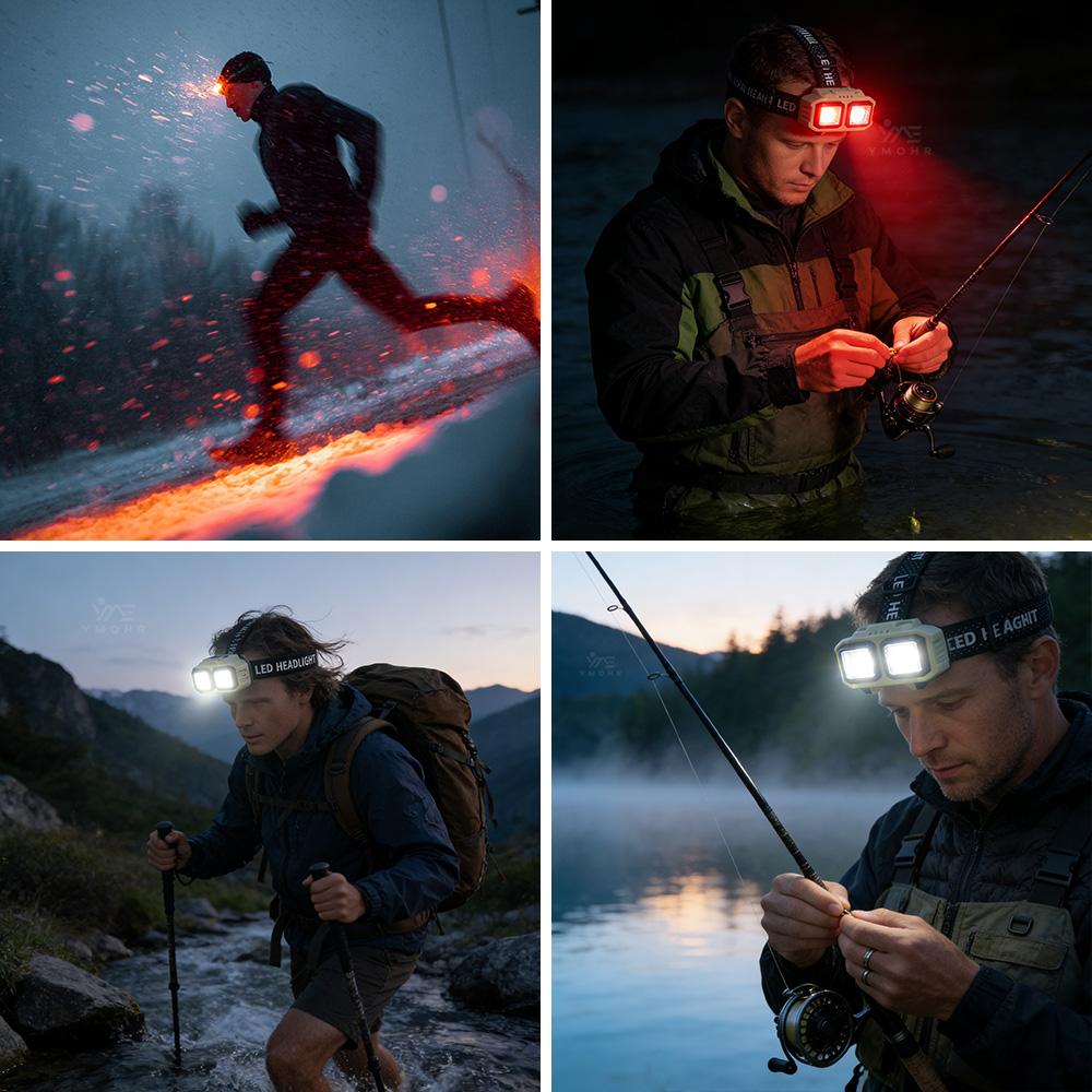 Powerful COB LED Headlamp Waterproof USB C Rechargeable Head Flashlight 18650 EDC Head Torch for Outdoors Hiking Fishing Camping