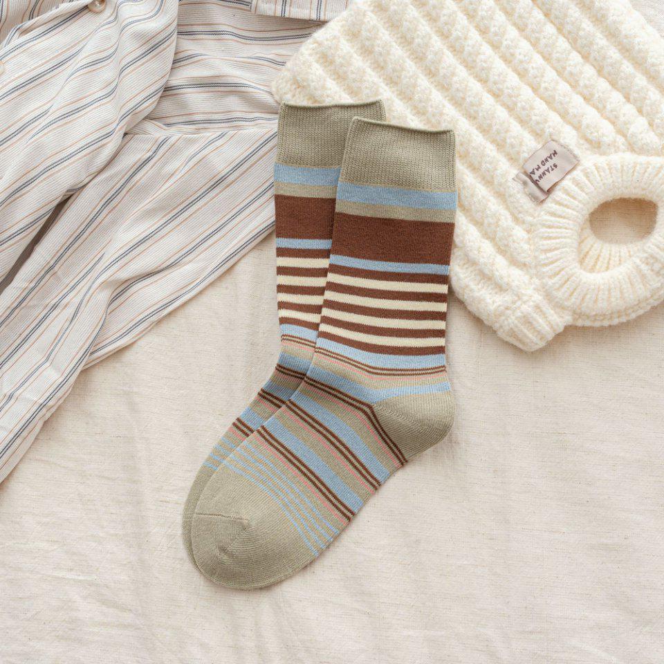 Korean Retro Mori Color Block Striped Mid-Calf Socks - Women's Breathable Autumn/Winter Birkenstock Double-Needle Scrunch.