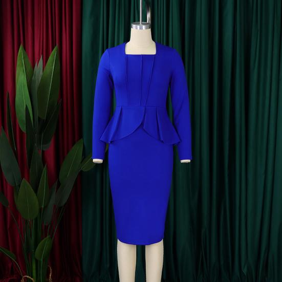 Long Sleeve Elegent Lady Formal Bodycon Dress Decor O-Neck Knee-Length Women Ruffles Patchwork Workwear