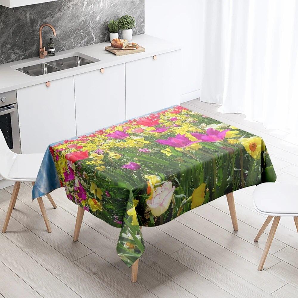 White Red Tulip Tablecloth Colorful Floral  Stain Resistant Waterproof Rectangular Kitchen Dining Table Home Decor