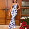 Women's Square Neck Sleeveless Maxi Dress Slim Fit High Waist Floral Print Tie Strap Mermaid Backless Sexy Summer Party Dress