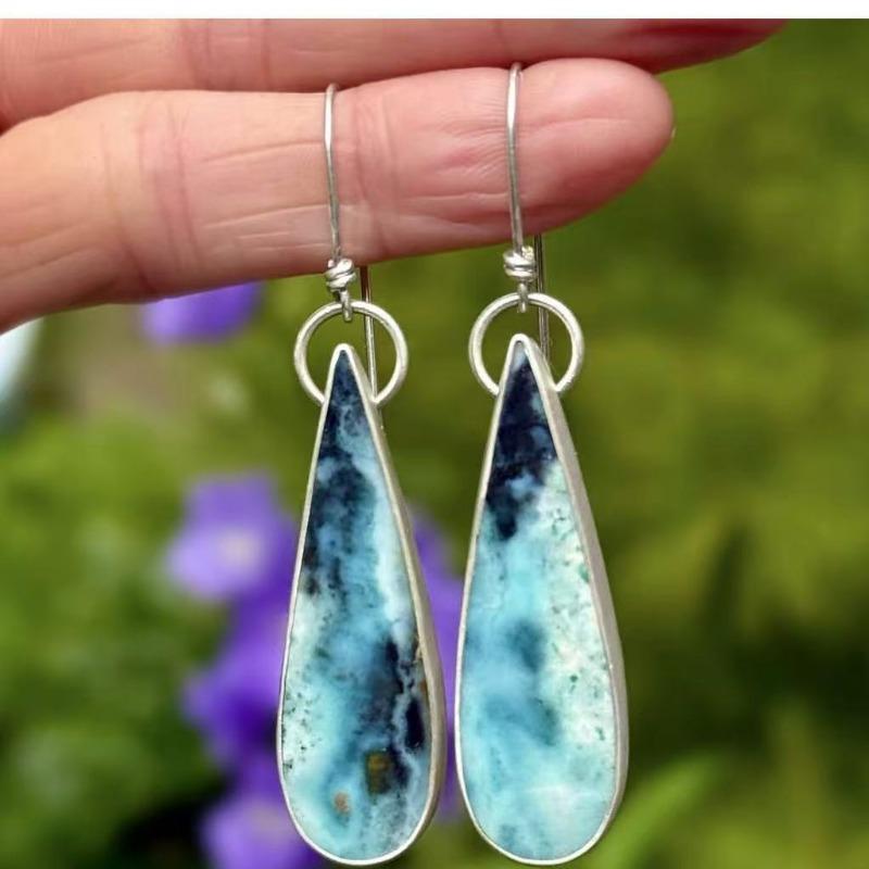 Vintage Waterdrop Inlaid Blue Stone Earrings Geometric Creativity Silver Color Dangle Earrings for Women