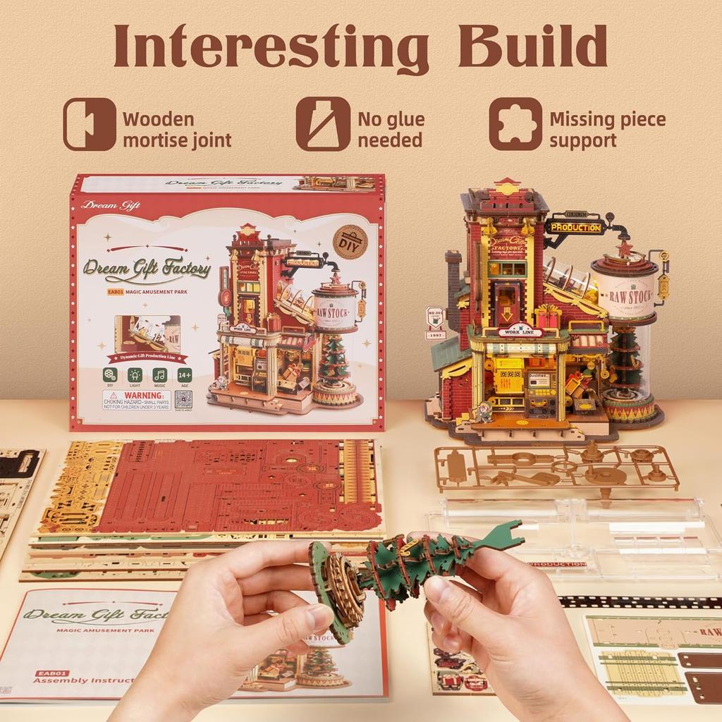 Robotime Rokr Wooden Music Box Christmas Dream Gift Factory 3D Wooden Puzzles Wooden Model Kits Build Best Gifts for Kids Adults