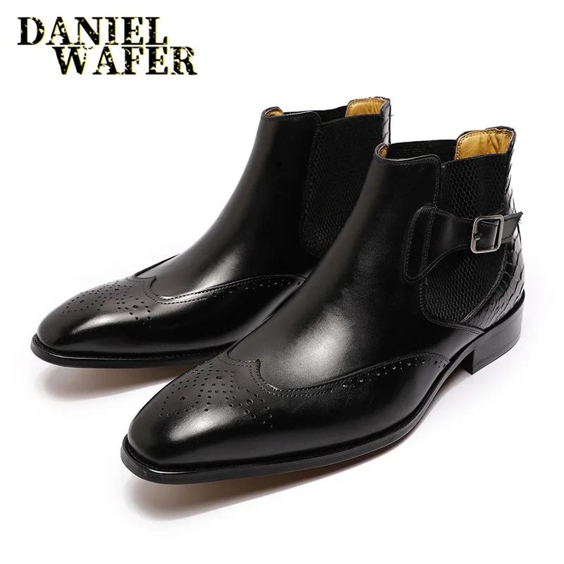 Mode Luxusmarke Herren Chelsea Causal Stiefel Hohe Qualität Echtes Leder Slip-on Schnallenriemen Schwarz Braun Hochzeit Formal Stiefeletten