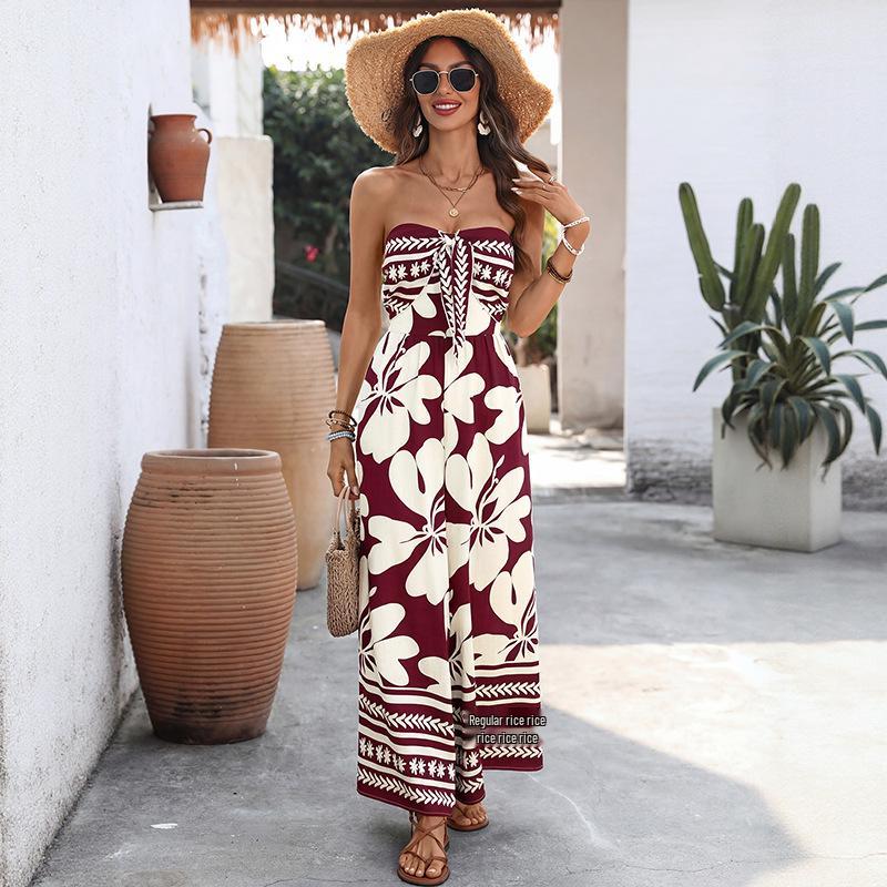 New Summer Sleeveless Printed Bandeau Jumpsuit with Bowknot for Women