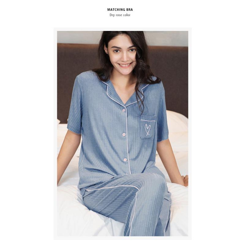 Women's Modal Rayon Pajamas Cardigan Striped Homewear Love Pockets Long Pants Casual Pajama Set