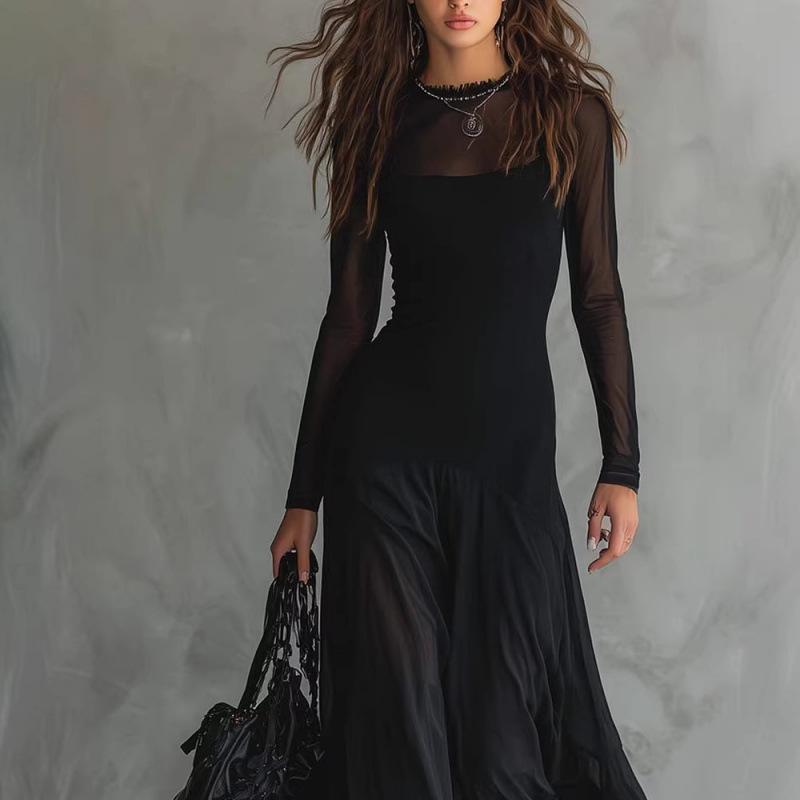 European and American women s clothing new fashionable, sexy and elegant mesh splicing long dress S чёрный