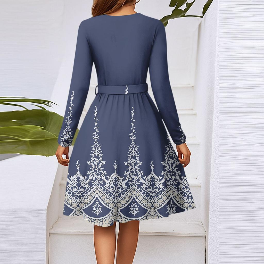 Women's Fashion Casual V-Neck Long Sleeve Waist Floral Print Midi Dress