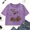 Leopard Colored Lucky Cherry Print Washed T-Shirt Female Street Cotton T Shirts Vintage Casual Crop Top Slim Clothes