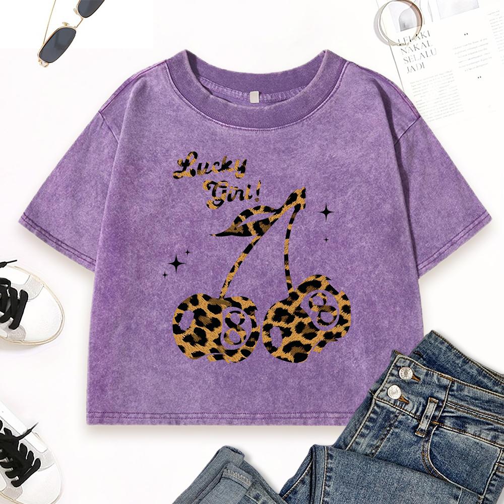 Leopard Colored Lucky Cherry Print Washed T-Shirt Female Street Cotton T Shirts Vintage Casual Crop Top Slim Clothes
