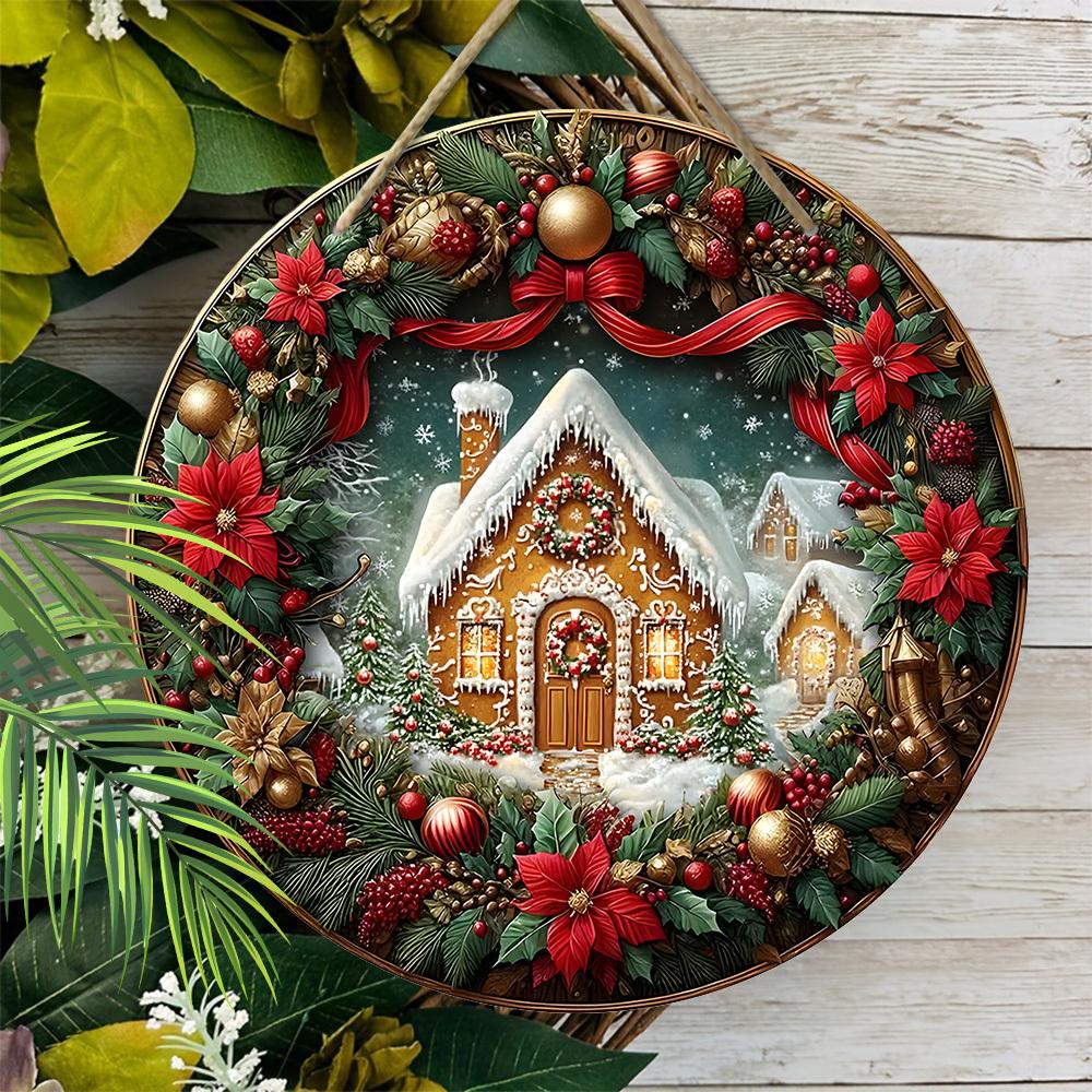 Wooden Christmas Sign with Gingerbread House Pattern - Classic Navidad Round Sign for Front Door Wall Hanging Decor - Ideal Christmas Ornament