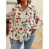 Cute Santa Claus Print Cardigan Shirt For Women 2025 Autumn Fashion Christmas Party Tops Casual Long Sleeve Lapel Button Blouse