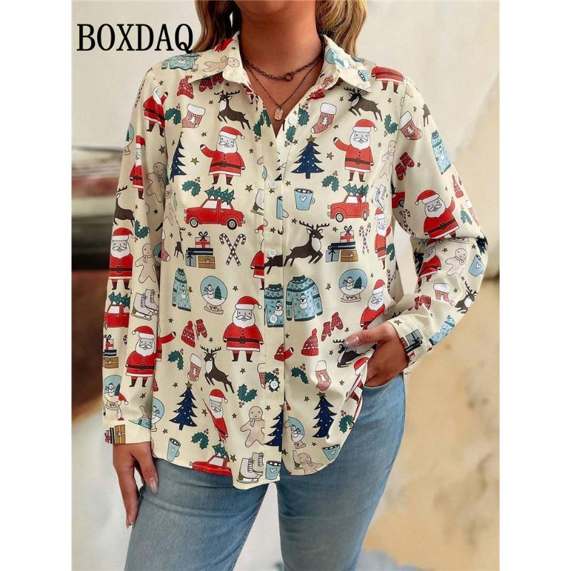 Cute Santa Claus Print Cardigan Shirt For Women 2025 Autumn Fashion Christmas Party Tops Casual Long Sleeve Lapel Button Blouse