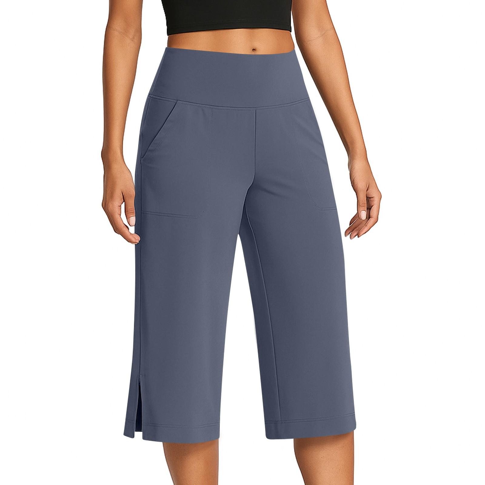 

Women s Fashionable Solid Color Button Pocket Pants With Split Hems High Waist Sports Yoga Casual Cropped Pants S синий