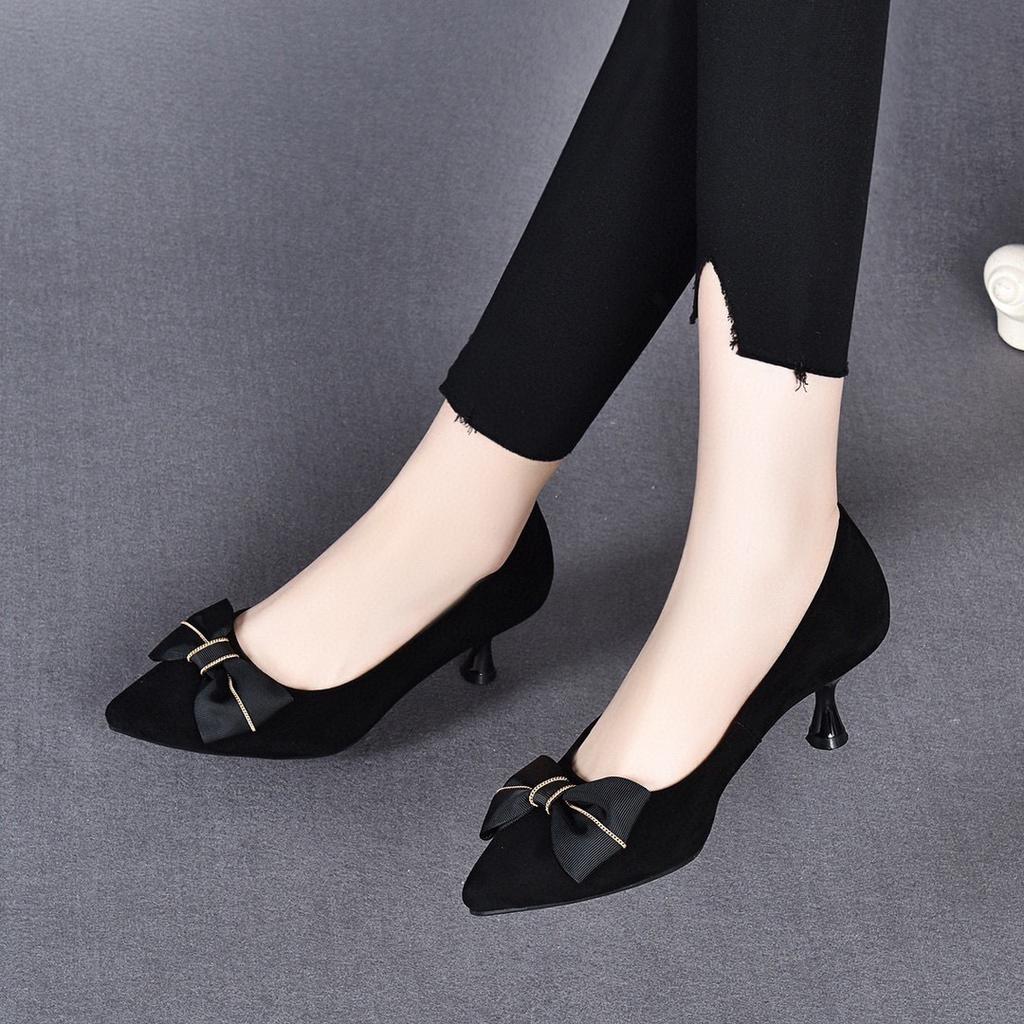 Pointed high heels spring new bow light mouth one pedal sheepskin fashion shoes black single shoes