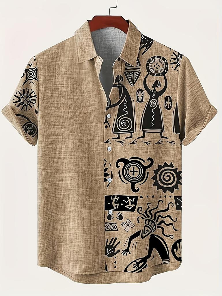 Vintage Summer Ethnic Style Graphic 3D Print Lapel Men Shirt Casual Comfortable Short Sleeve Shirt Street Shirts Man's Clothes