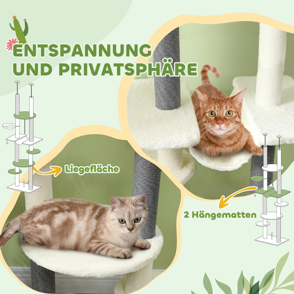 Cat Tree, Ceiling-High, Adjustable 225-255 cm, Platforms & Hammocks, Anti-Tip Safety, White