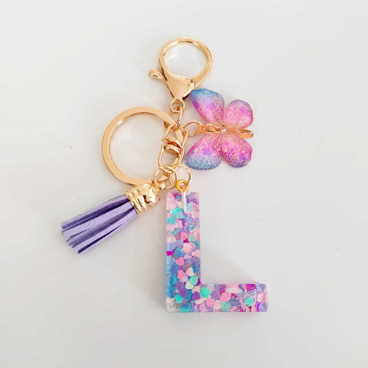 Light Purple Glitter Letter Resin Keychain with Butterfly Tassel Charm