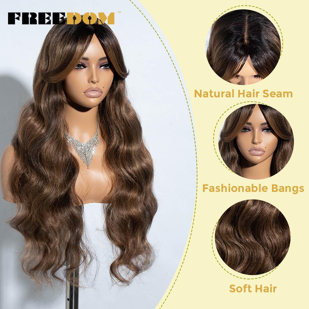 FREEDOM Synthetic Lace Wigs For Black Women 28inch Long Body Wave Middle Part Lace Wig With Bangs Ombre Blonde Brown Cosplay Wig