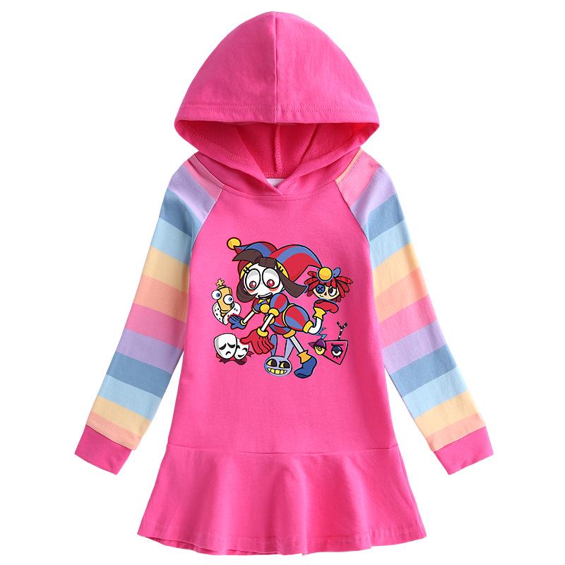 2026 Spring/Autumn Girls' Ruffle Cartoon Rainbow Hooded Princess Long Sleeve Dress