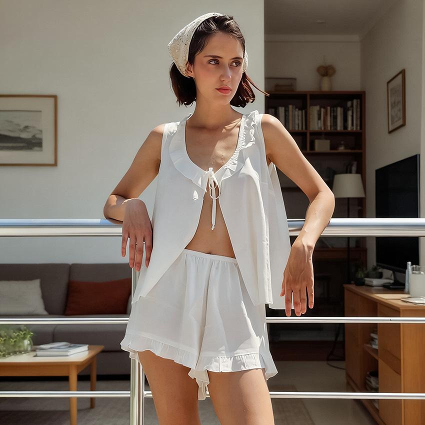 New European and American casual pajamas, lace-up ruffle edge sleeveless vest, shorts, two-piece women's loungewear