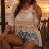 Blusa de Ganchillo Holgada para Mujer, Tops Redondos con Mangas Acampanadas de 3/4, Cubre Ropa Hueca de Manga Tres Cuartos, Tops de Punto con Protección Solar para Verano en la Playa