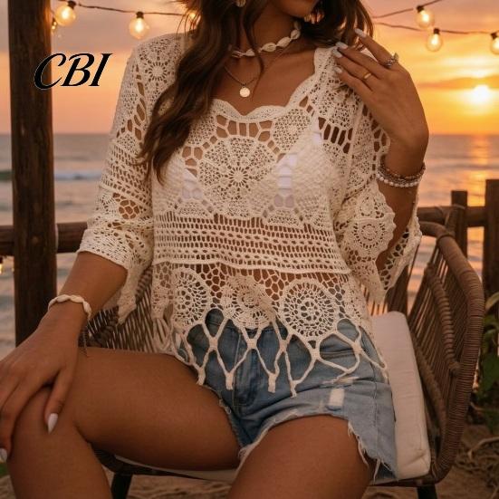 Blusa de Ganchillo Holgada para Mujer, Tops Redondos con Mangas Acampanadas de 3/4, Cubre Ropa Hueca de Manga Tres Cuartos, Tops de Punto con Protección Solar para Verano en la Playa