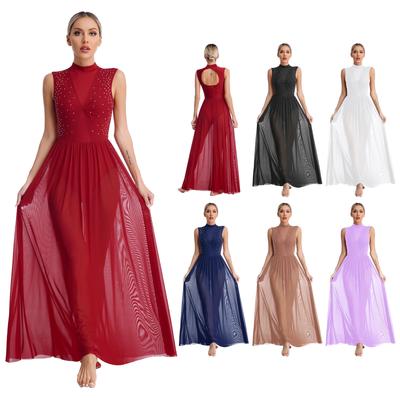 Lyrical Modern Contemporary Dance Dress Stage Performance Costume Solid Color Sleeveless Open Back Twist Sheer Mesh Overlay Leotard Dancewear