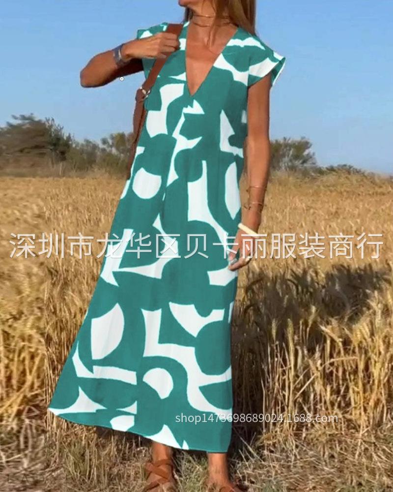 Women Summer Geometric Print Maxi Dress V‑Neck Sleeveless High Waist Casual Loose Long Dress S‑3XL