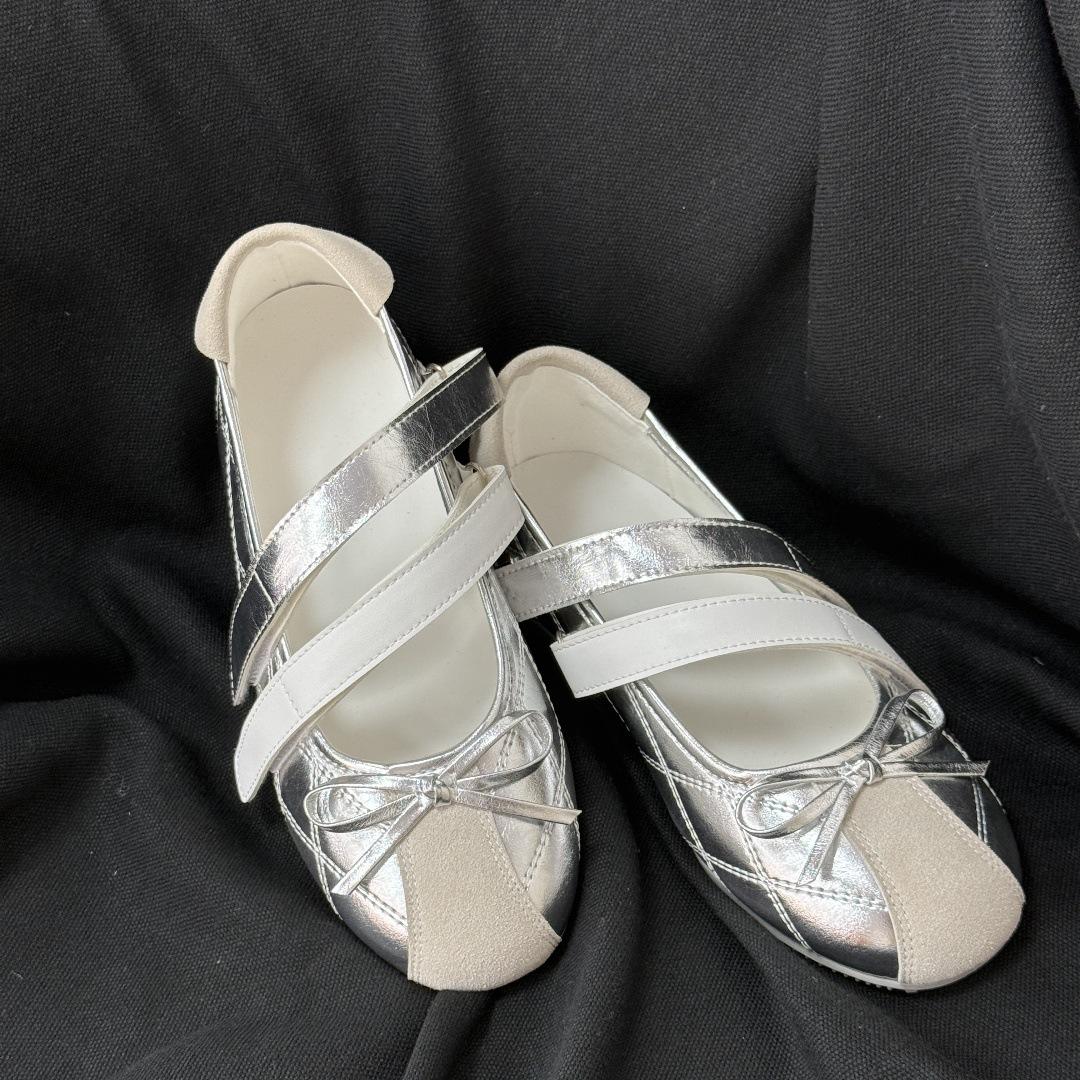 

Овчина~ Испанские спортивные туфли-балетки Мэри Джейн 2025 новая серебристая повседневная обувь на липучке для женщин 40