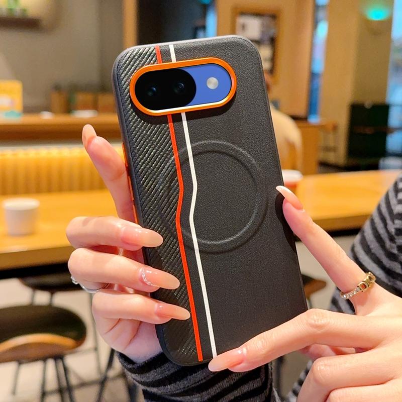 

For Google Pixel 10A Case Magsafe Carbon Fiber Pattern Vegan Leather Contrast Color Soft Silicone TPU Back Cover PU Leather