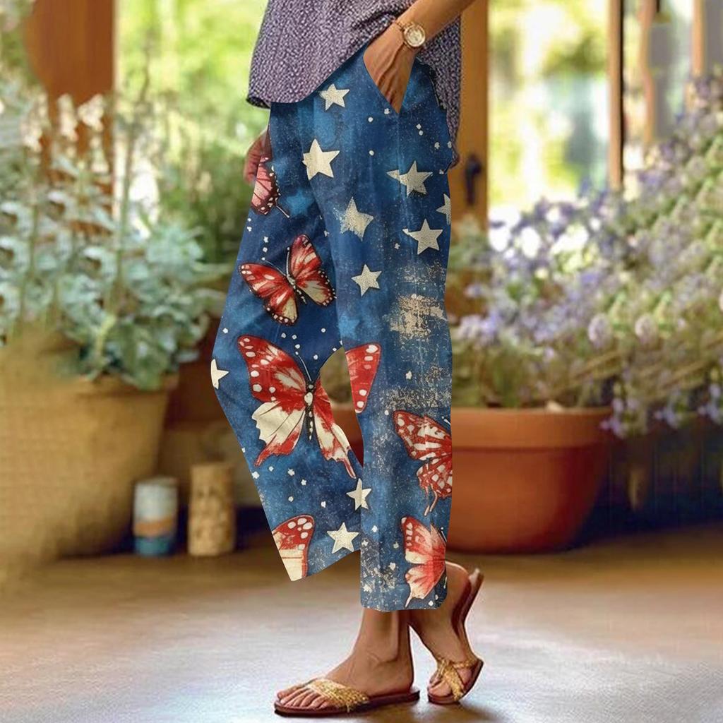 Dámské ležérní módní potištěné kalhoty s rovnými nohavicemi s kapsami