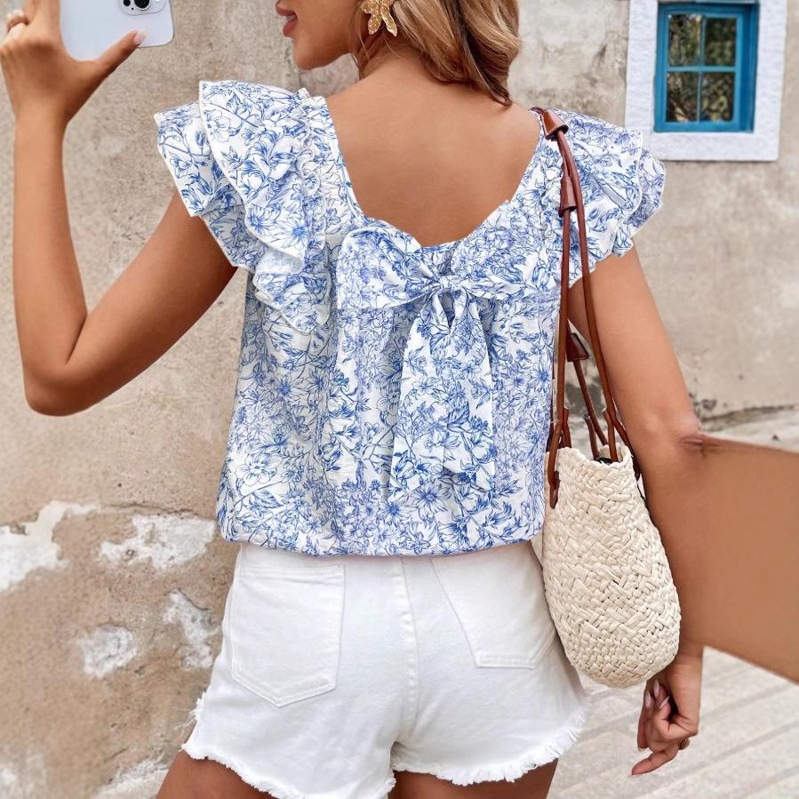 Women's Printed Summer Fashion Short-sleeved Shirt with Double-layered Pleated Bow On The Back