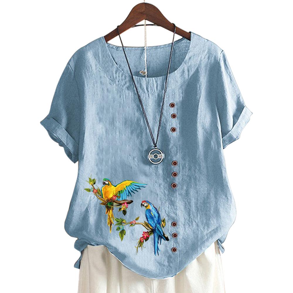 Barevný dámský top s kulatým výstřihem a krátkým rukávem s tištěným vzorem