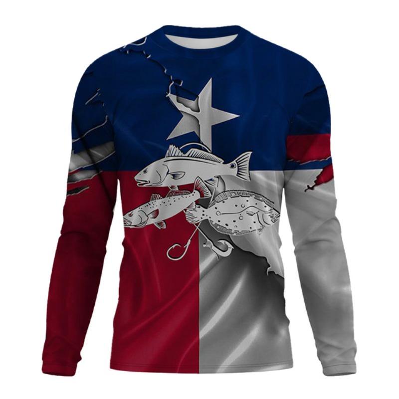 Spring and Autumn Men's 3D Printing Fish Pattern T-shirt Fashion Casual Long Sleeved Clothing Outdoor Fishing T-shirt XS-5X