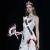 Halloween Abschlussballkönigin Kostüm Blutiges Nachthemd Kleid Abschlussballkönigin Schärpe Kronen Stirnband Cosplay Verkleidungsparty Zubehör