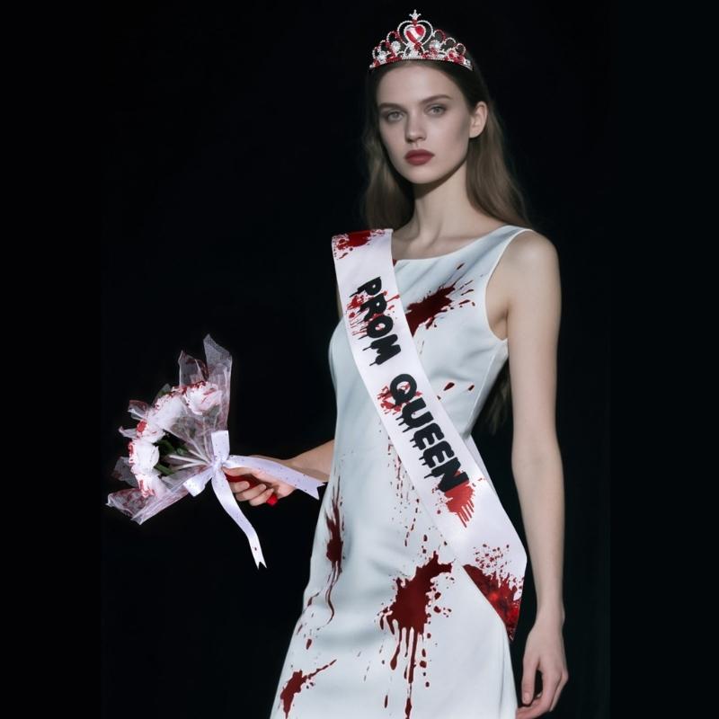 Halloween Abschlussballkönigin Kostüm Blutiges Nachthemd Kleid Abschlussballkönigin Schärpe Kronen Stirnband Cosplay Verkleidungsparty Zubehör