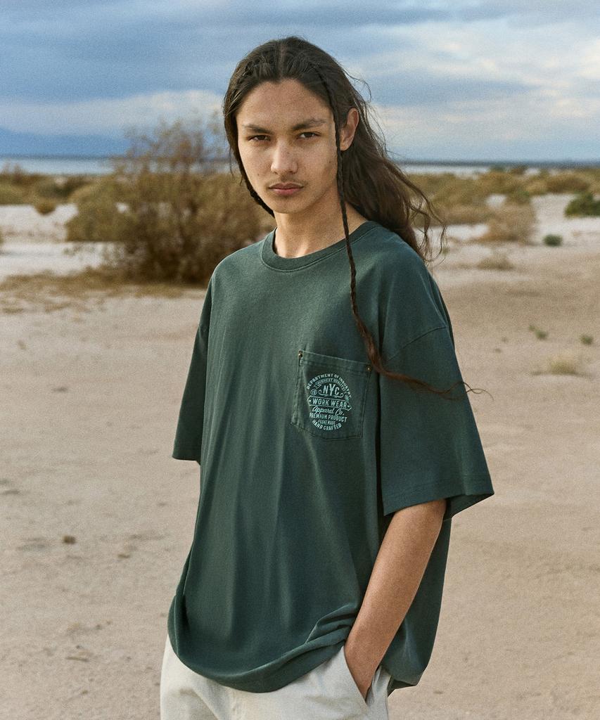 Peullukeu Rivet Pocket Pigment Workwear Short Sleeve T-Shirt Blue Green Fst739