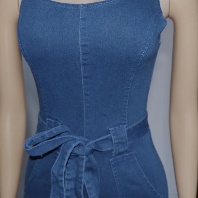 Women's European & American African Denim Halter Jumpsuit: Whitened, Washed, Stretchy, Tie Waist Belt.