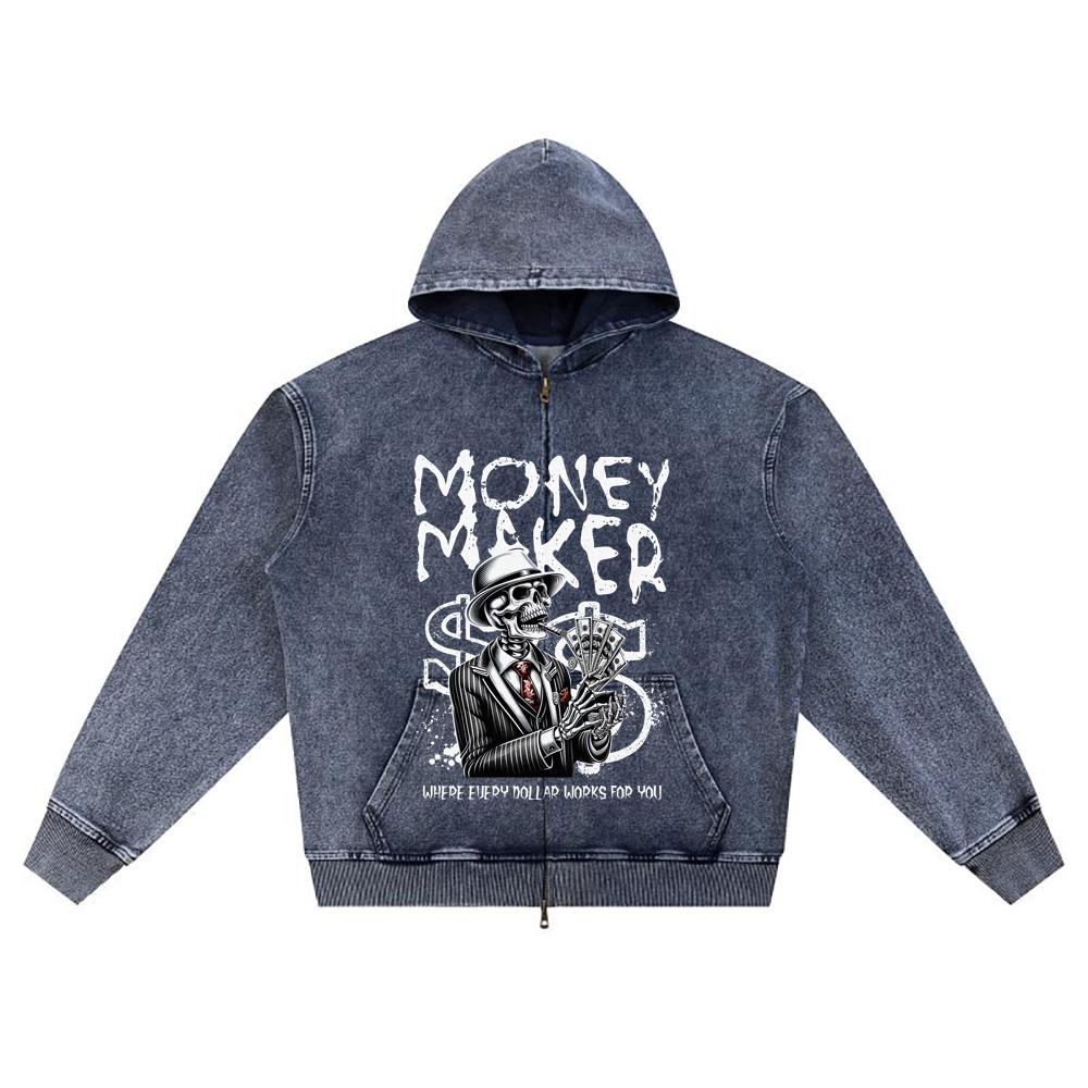 

DTG print Knitted Denim Zip-Up Hoodie Skull Money Maker Brother Print Zipper Hoodies XL темно-синий