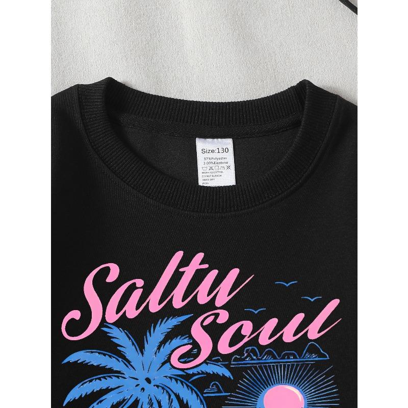 Europäische Größen Mädchen Weiches Rundhals-Sweatshirt Saltu Soul Tropischer Strand Palmenbaum Sonnenschein Aufdruck, Lässig Vielseitig Kombinierbar, Ideales Urlaubsgeschenk