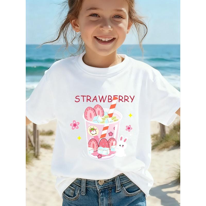 

European sizes Cute T-Shirt with a Kawaii Milk Tea Cup Design for Girls, Perfect for Summer Casual Wear at Home, Featuring a Round Neck 164cm білий