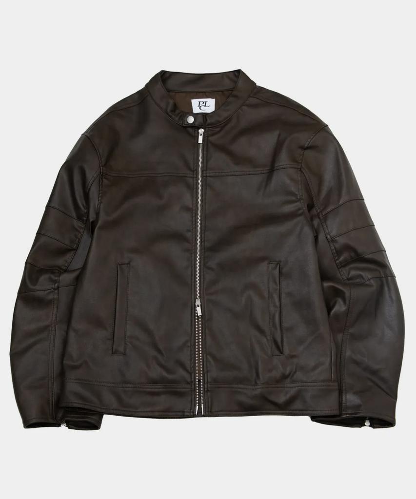 Placestudioman Vintage Track Washed Mandarin Collar Leather Jacket With Sleeve Cut-Out Details [Brown]