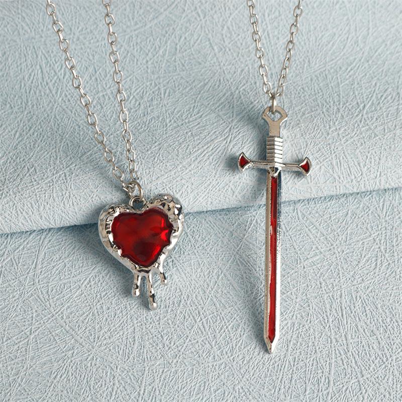 2pcs Swords Heart Pendant Necklaces for Women Men Cool Punk Heart Matching Necklaces Couple Friendship  Jewelry Gift