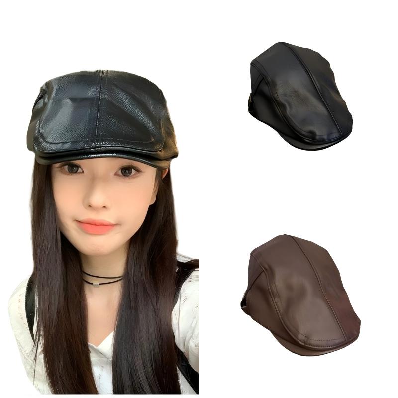 Vintage Hochwertige PU-Leder Forward Cap für Damen, Herbst und Winter Großer Kopfumfang Kappe Britischer Stil Dad Hat