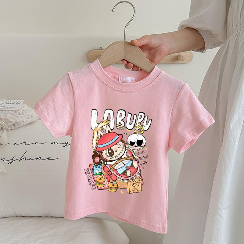 Labubu Children's Pink T-shirt Cartoon Anime Summer Short Sleeved Girl Fashion Cute Top