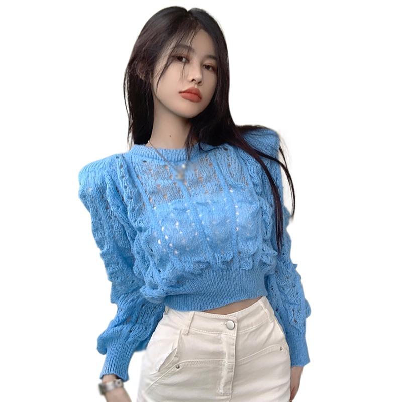 Женский вязаный свитер с рукавами-фонариками повседневный однотонный топ с круглым вырезом и длинными рукавами One Size 1233₽