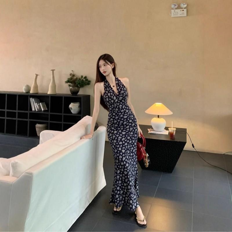 French Retro V-neck Waist Hidden Blue Floral Skirt Hanging Neck Sleeveless Long Dress Women Hollow Back