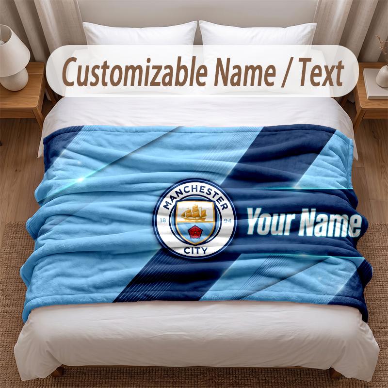 Manchester City Printed Flannel Blanket Custom Name Text Soft Warm Throw For Bedroom Holiday Gift